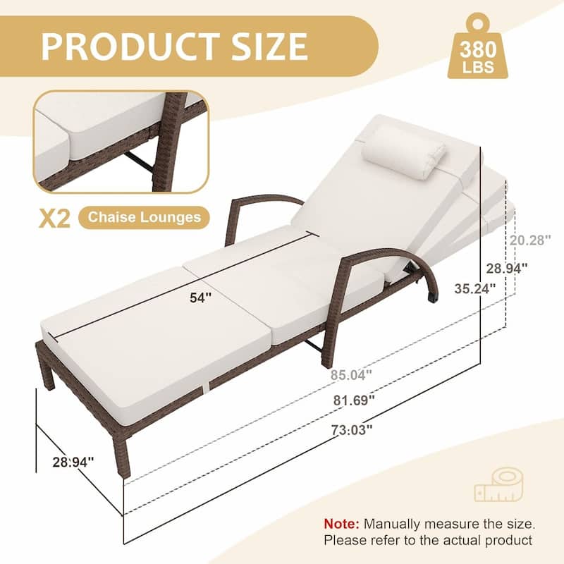 2-Piece Outdoor Rattan Patio Folding Chaise Lounge with Adjustable Backrest for Poolside, Backyard, Deck