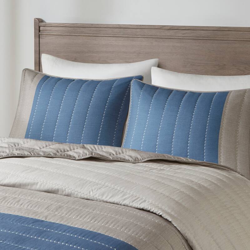 Madison Park Taylor 3 Piece Printed Color Blocking Microfiber Quilt Set