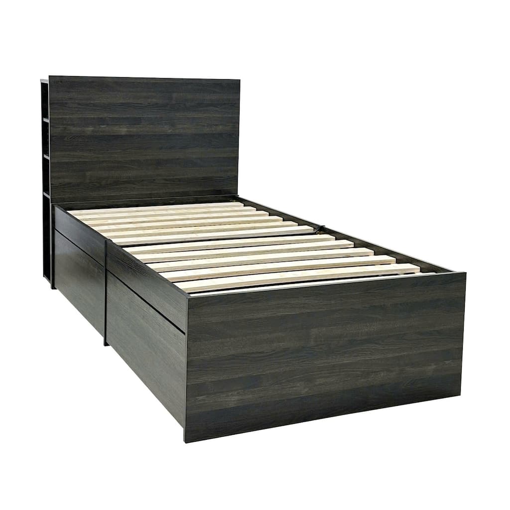Modern Twin Storage Bed in Dark Gray with Drawers and Adjustable Shelving