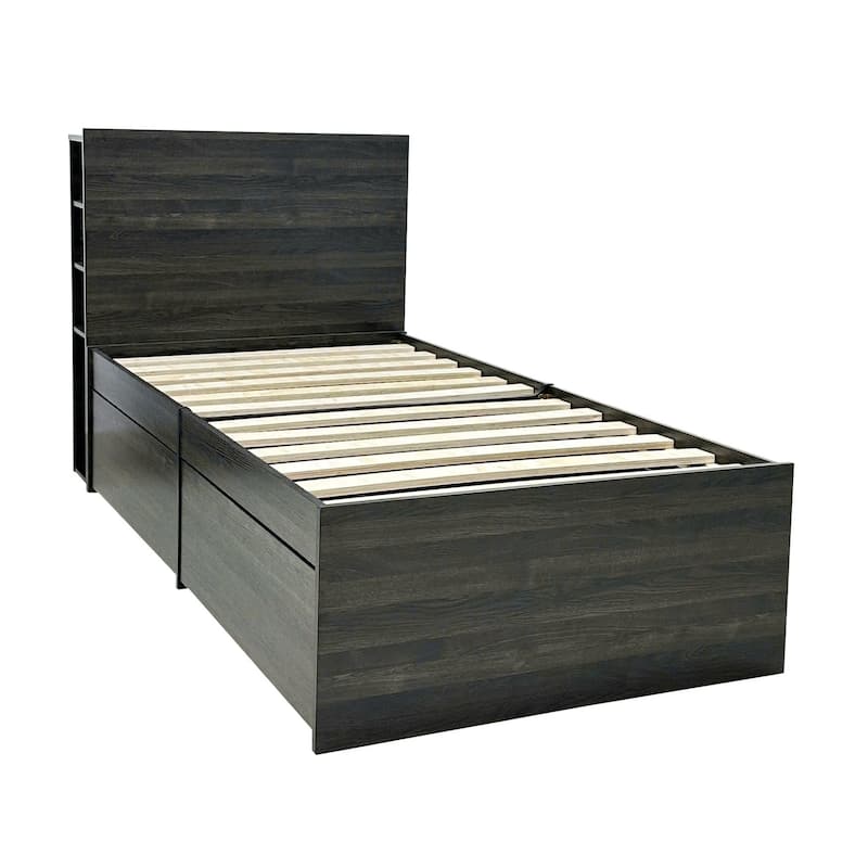 Modern Twin Storage Bed in Dark Gray with Drawers and Adjustable Shelving - Gray