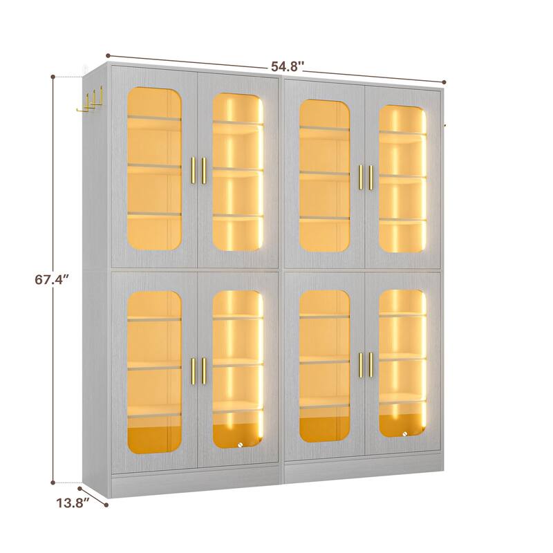 8-Tier Shoe Cabinet with LED Light, 32 Pairs Tall Shoe Storage Organizer with Side Hooks