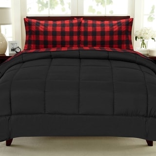 Sweet Home Collection Burgundy Black Buffalo Check Sheet & Solid Black Comforter Set