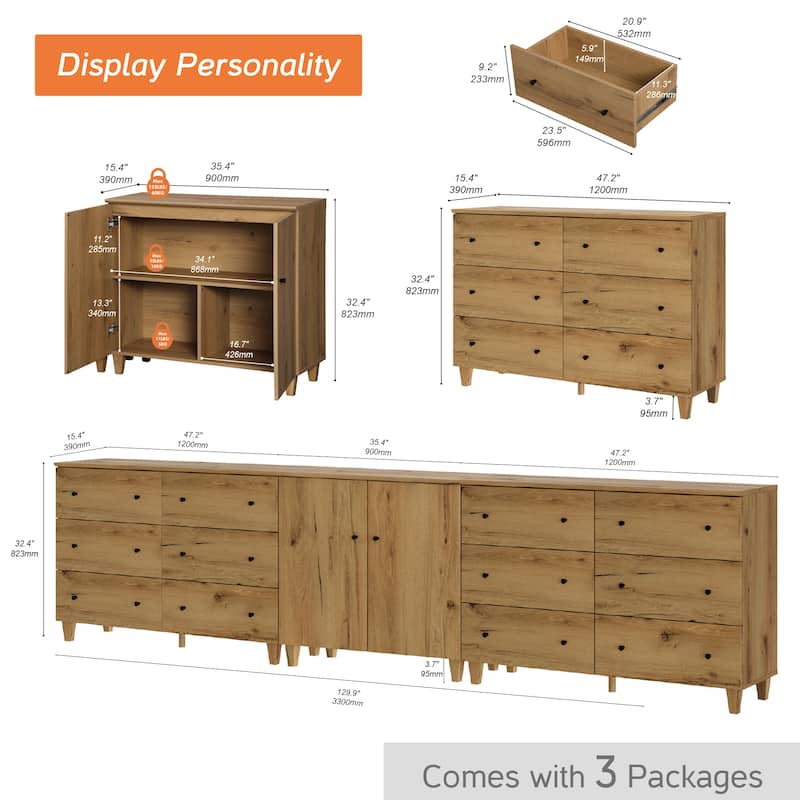 Wood Dresser with 12 Drawers and 1 Cabinet for Bedroom, 130" Wide