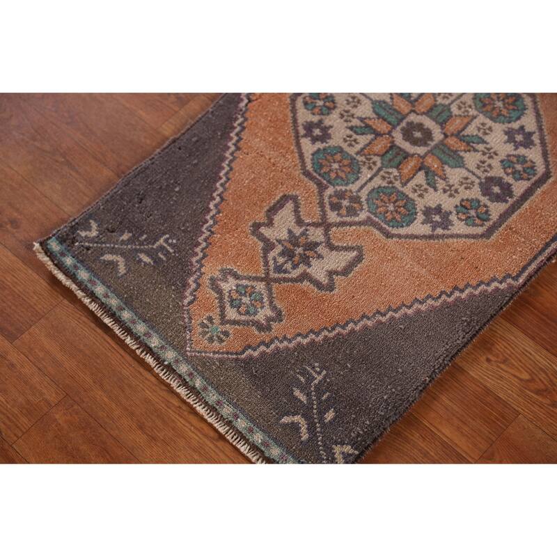 Hand Knotted Oriental 100% Wool Carpet Transitional Geometric Oranges & Rust Anatolian Area Rug - 3' 0'' X 1' 7''