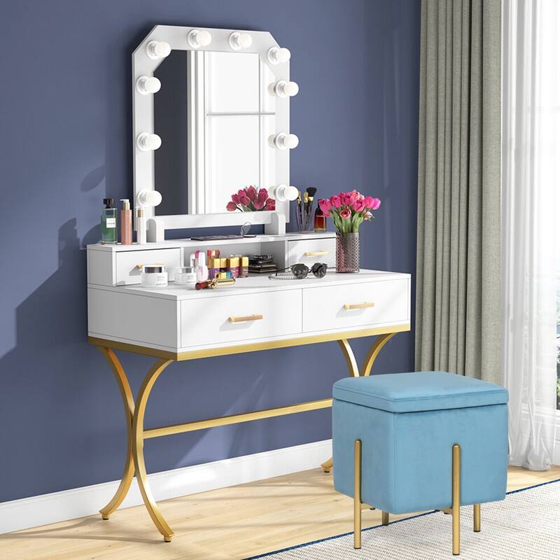 Adeco Square Velvet Storage Ottoman Multi-Function Vanity Footstool