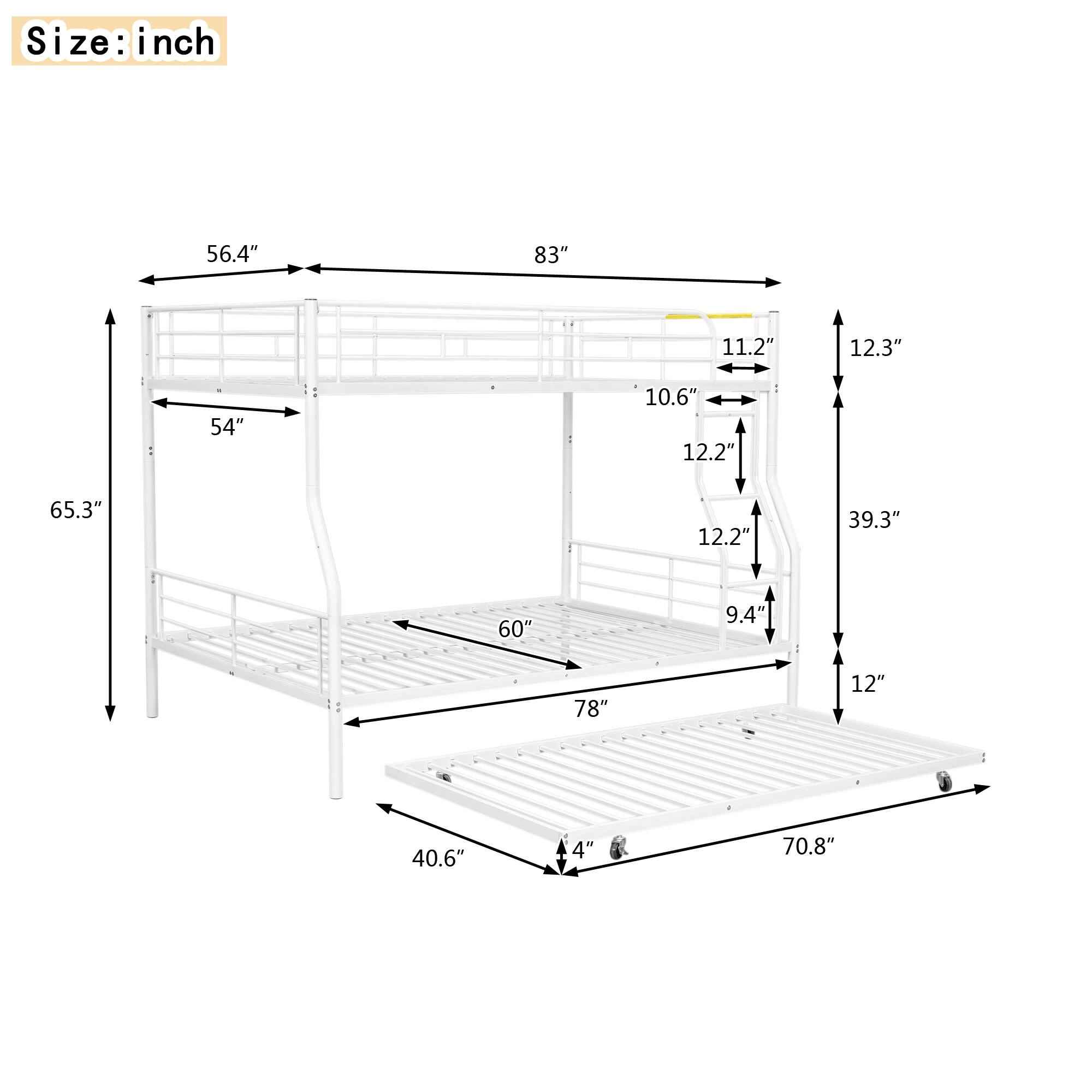 Full XL over Queen Metal Bunk Bed with Trundle and Staircase Bed Bath