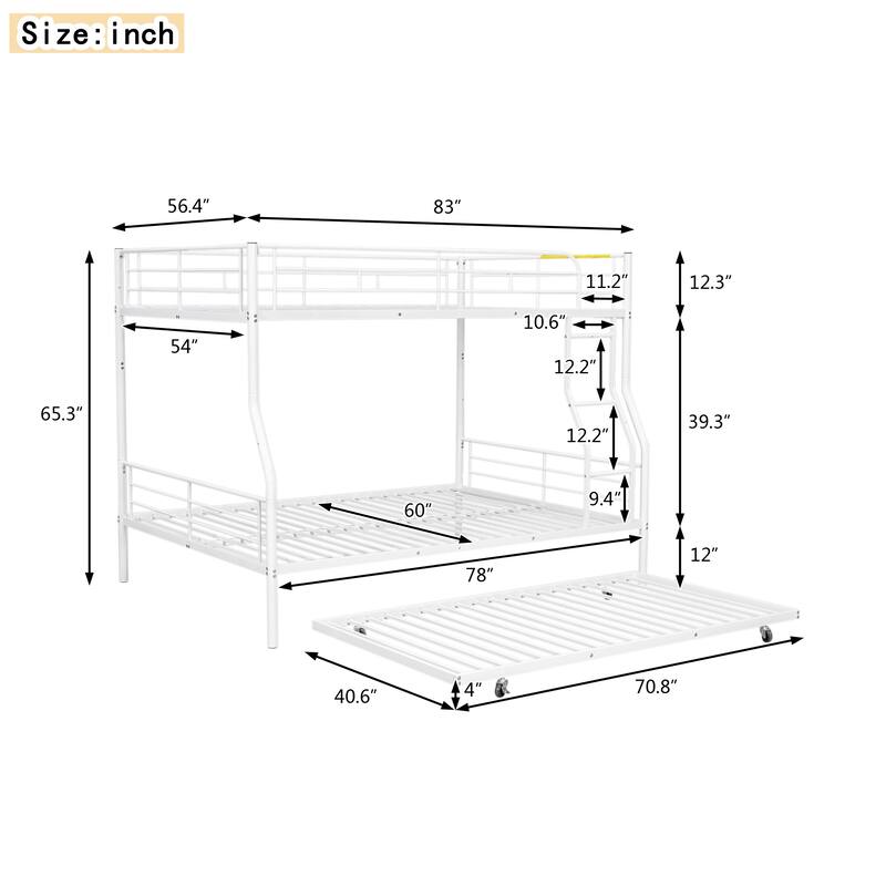 Modern Metal Bunk Bed Frame Full XL Over Queen Bunk Bed Frame with Trundle Bed Frame for Girls