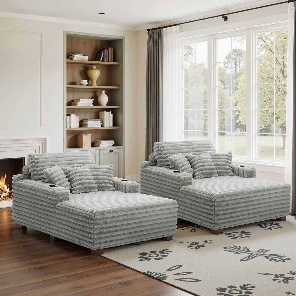 53"W Oversized Plush Fur-Like Chaise Lounge Sofa with Cup Holder