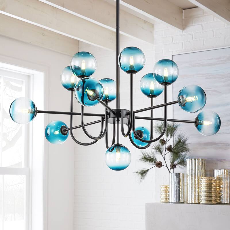 13-Light Mid-Century Modern Gold/Black Linear Sputnik Gradient Blue Glass Globe Bubble Chandelier for Living Room