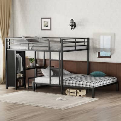 Metal Queen Bunk Bed with Integrated Study Desk, Stairs, Storage & Built-in Closet