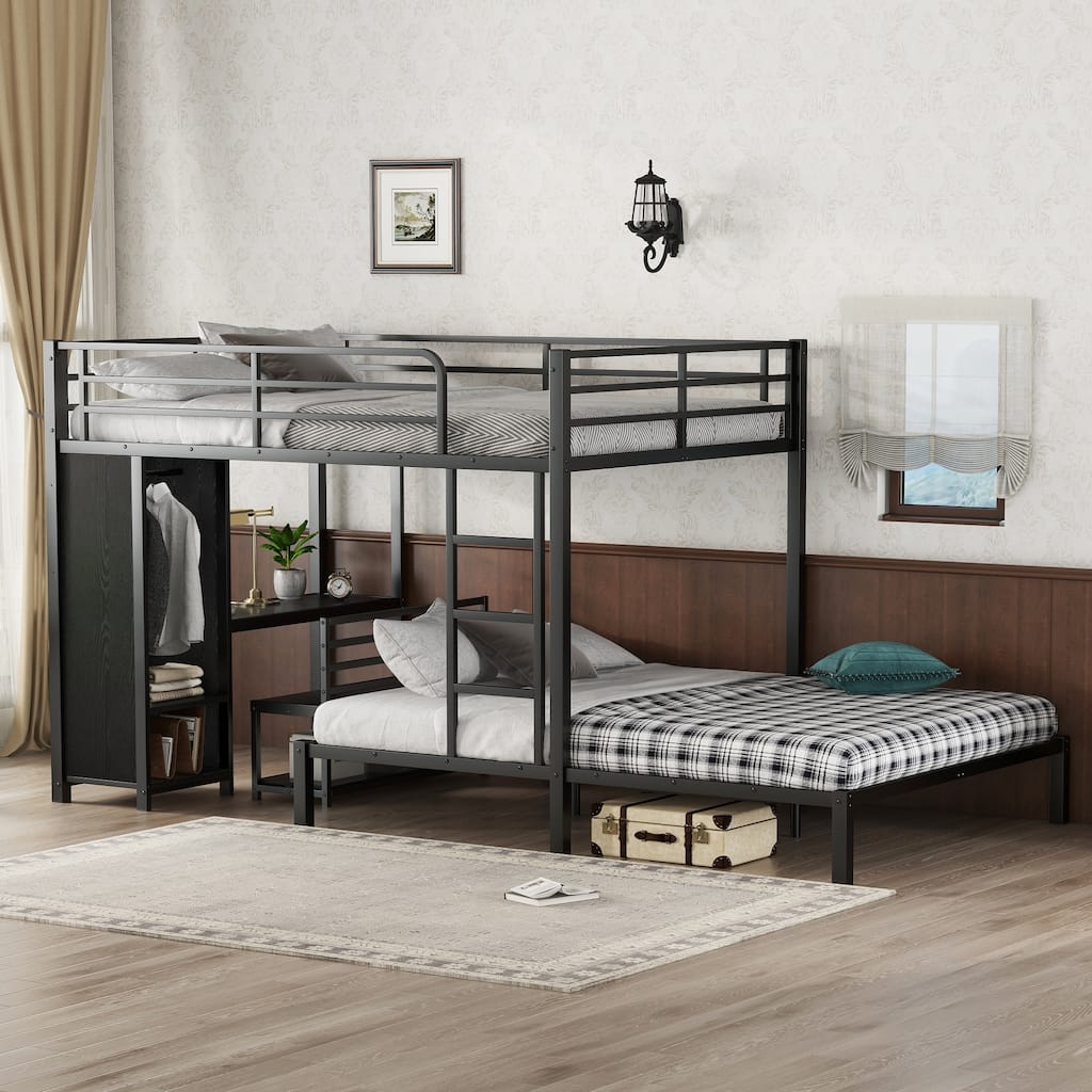Queen Size Metal Bunk Bed with Wardrobe, Desk & Storage Chairs, Space-saving Design