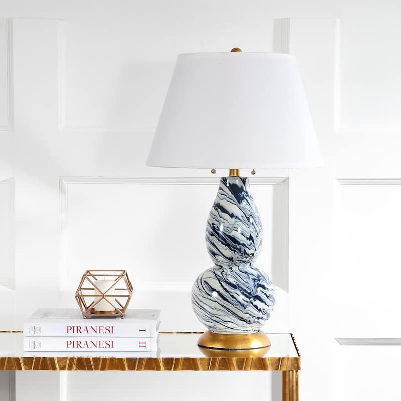 SAFAVIEH Lighting 29-inch Navy and White Color Swirls Glass Table Lamp (Set of 2) - 17"x17"x28"