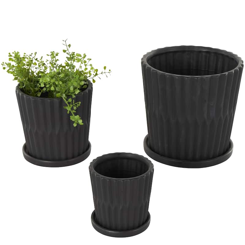 Ceramic Ribbed Indoor Outdoor Planter with Attached Saucer - Set of 3 Black or White - Roche River Decor - Black
