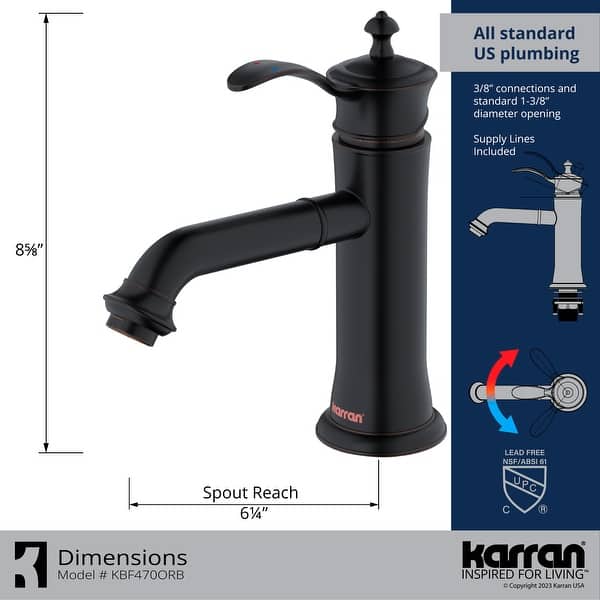 dimension image slide 4 of 7, Karran Vineyard KBF470 Single-Handle Single Hole Basin Bathroom Faucet with Matching Pop-up Drain