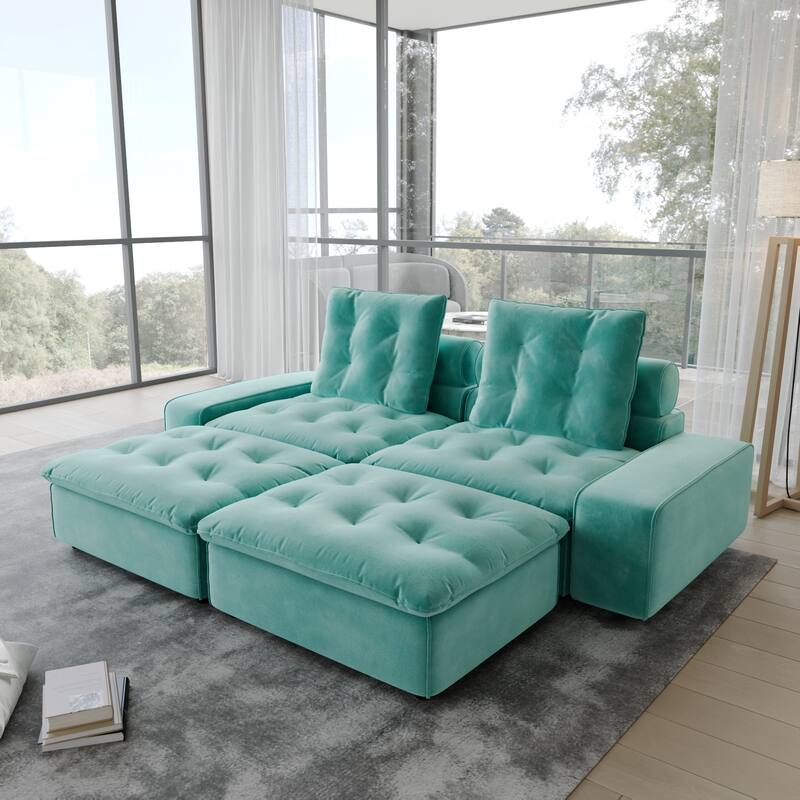 102.4" Oversized Down Filled Sectional Sofa for Living Room Frosted Fleece Minimalist Couches with Ottoman - Tiffany Blue