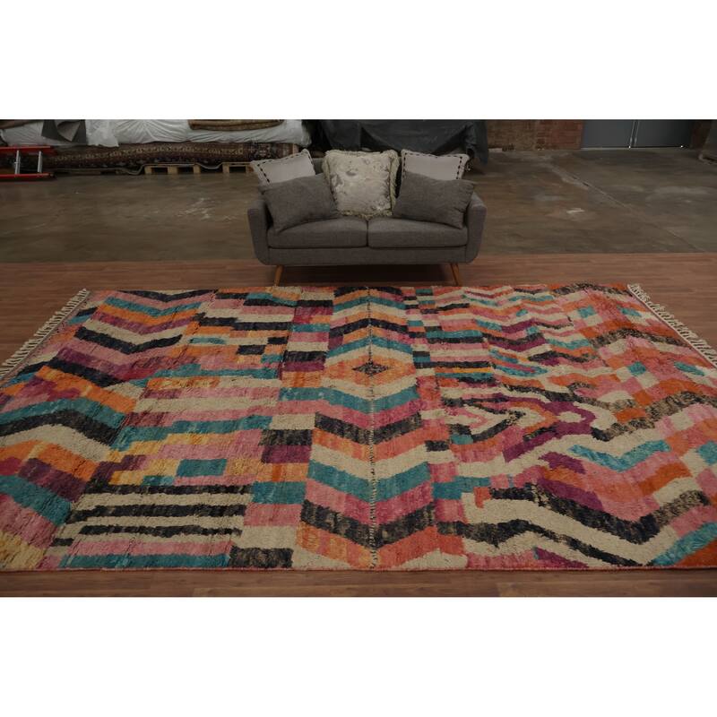 Hand Knotted Oriental 100% Wool Carpet Modern Geometric Multi-Colored Moroccan Area Rug - 12' 11'' X 8' 9''