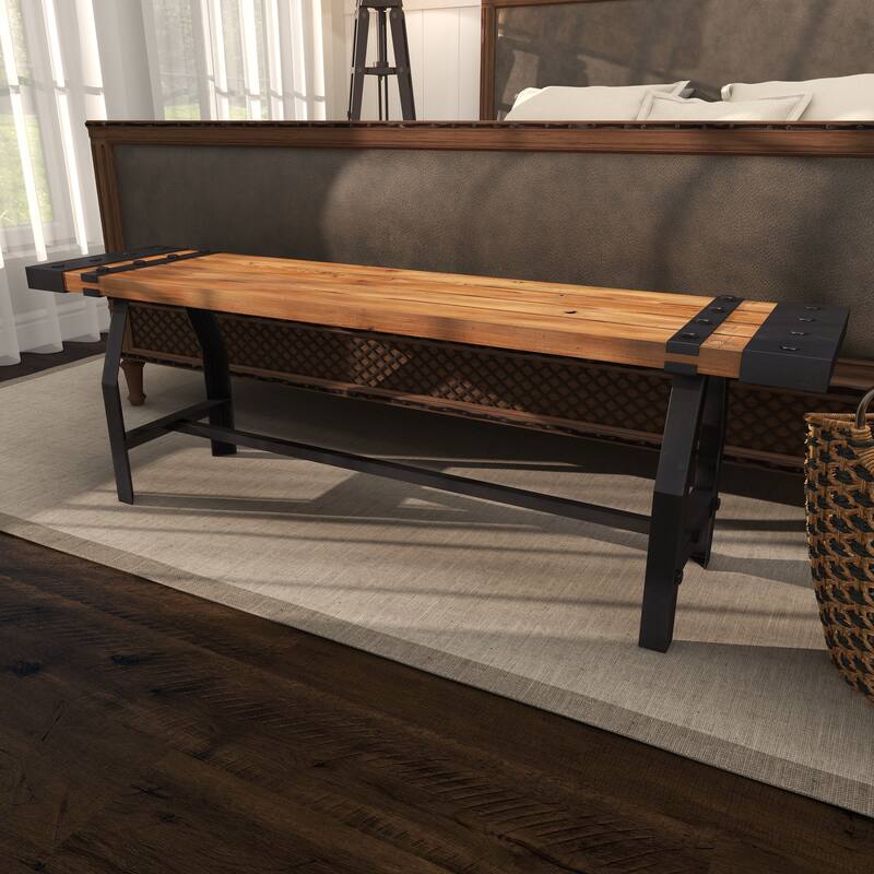 Brown Wood Bench with Black Metal Base and Studs - 55 x 13 x 18
