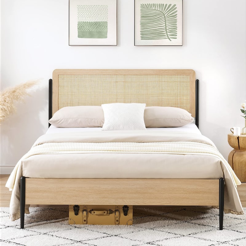 Wooden Metal Platform Bed Frame With Rattan Headboard