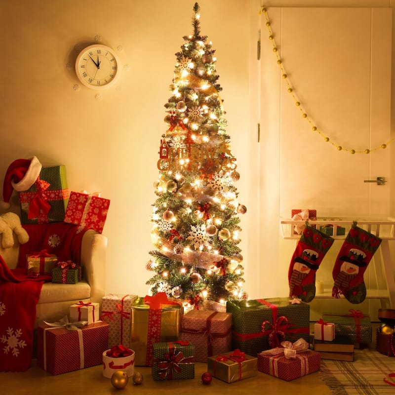VEIKOUS Pre-Lit Artificial Christmas Tree Pencil Snow with Foldable Iron Stand with LED lights, 5.5/6.5/7.5 ft