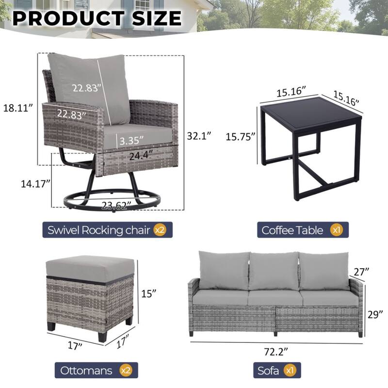 6-Piece Wicker Patio Conversation Set with Swivel Chairs