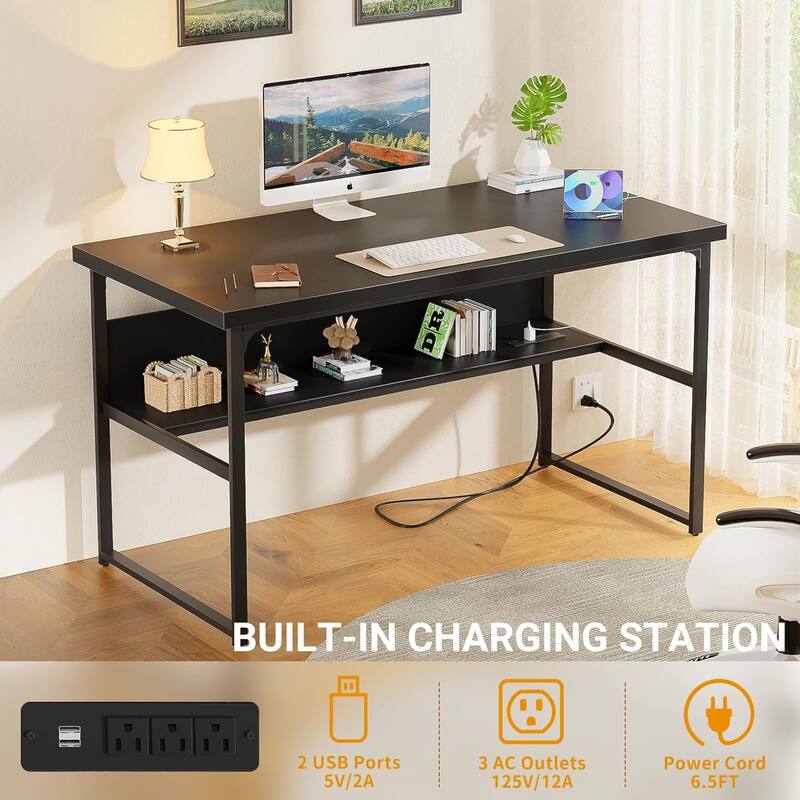 Executive Desk Computer Desk with Extra Thick Tabletop, Simple Office Desk Workstation Study Writing Table with Power Outlets