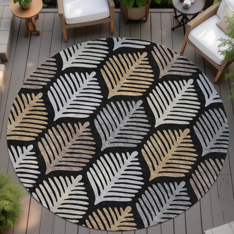 Machine Washable Indoor/ Outdoor Modern Fern Chantille Rug - Black - 8' x 8'