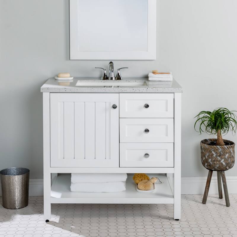 Spring Mill Cabinets Elvet 37" Bathroom Vanity With Cabinet, 2 Drawers, Open Shelf, and Sink Top - White Cabinet/Silver Ash Top