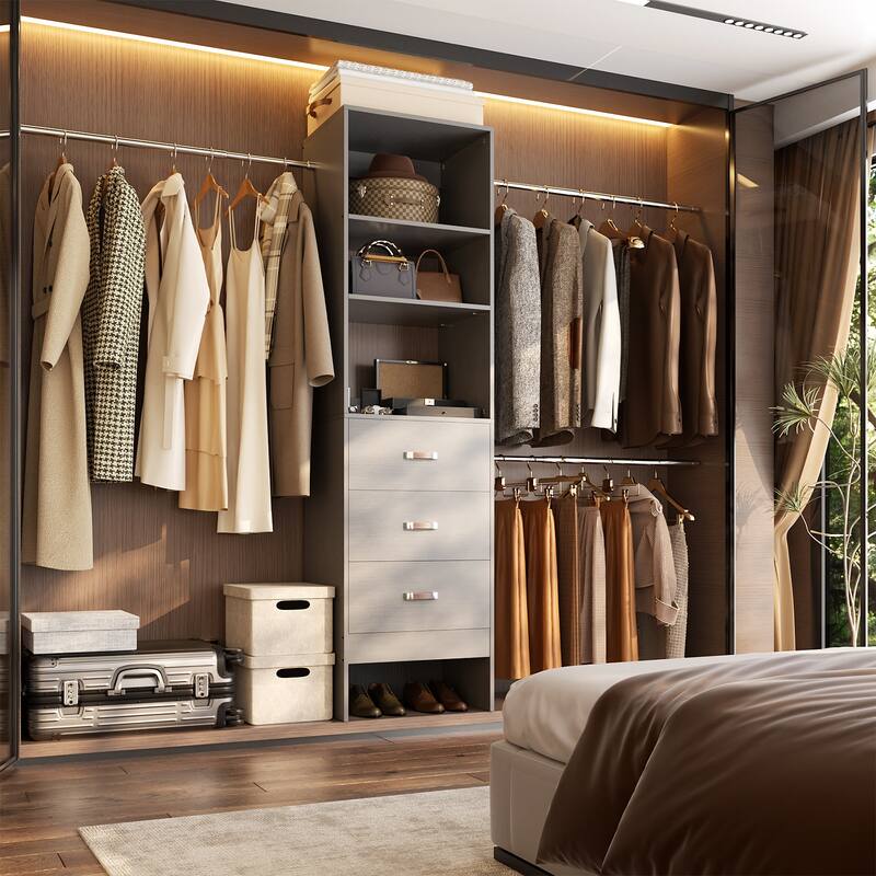 20.2'' - 96'' W Closet Organizer with Drawers, Closet System with Hanging Rods and Adjustable Shelves - Grey-no side shelves
