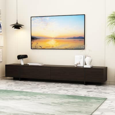 Four-door Wood Grain-color Entertainment Center with Pull-Down Doors - 95.7"W