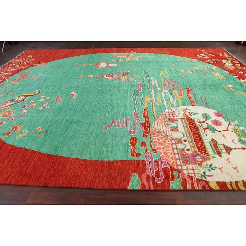 Vegetable Dye Animal Pictorial Art Deco Area Rug Handmade Wool Carpet - 10'3" x 13'7"