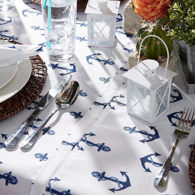 Boat Anchors Zippered Outdoor Round Tablecloth - 60" - White and Blue