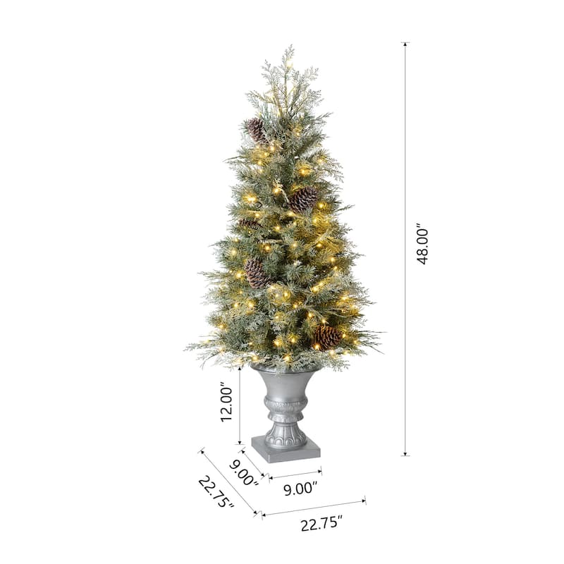 Glitzhome 4/5/6FT Pre-lit Artificial Flocked Pine Potted Christmas Tree for Entryway