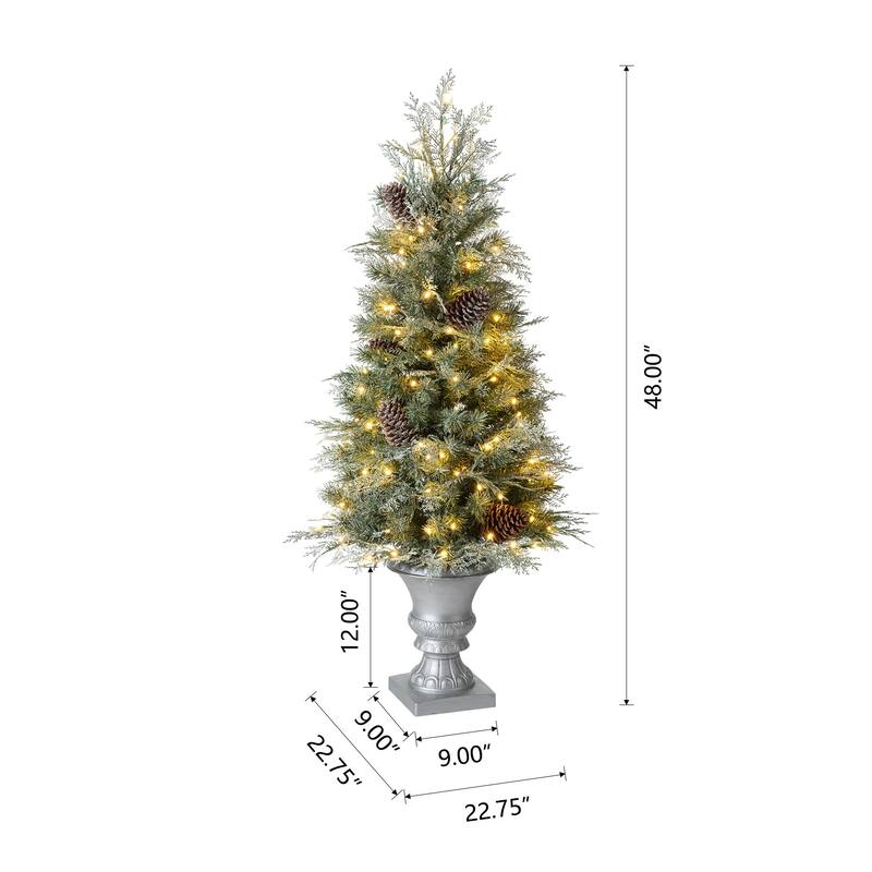 Glitzhome 4ft/5ft Pre-Lit Pine Artificial Christmas Porch Tree with Warm White Lights and Silver Pot