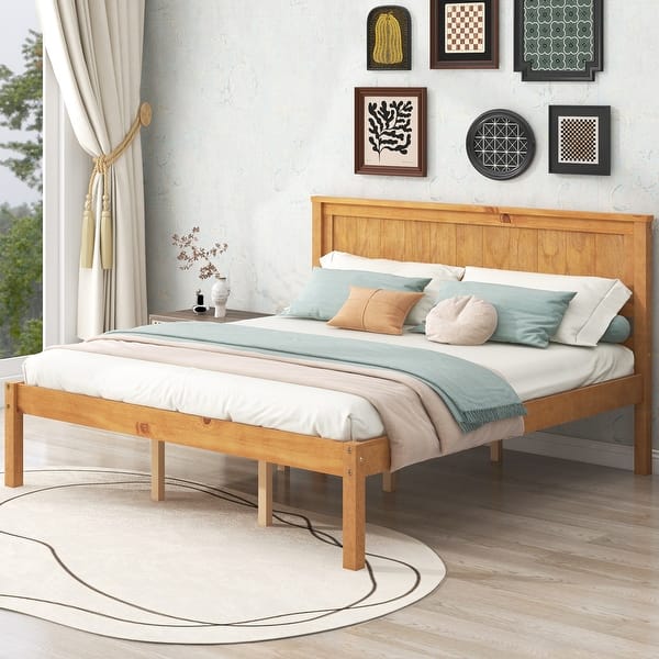 slide 2 of 30, Sturdy Design Platform Bed Frame with Headboard, Wood Slat Support, No Box Spring Needed, Queen Oak