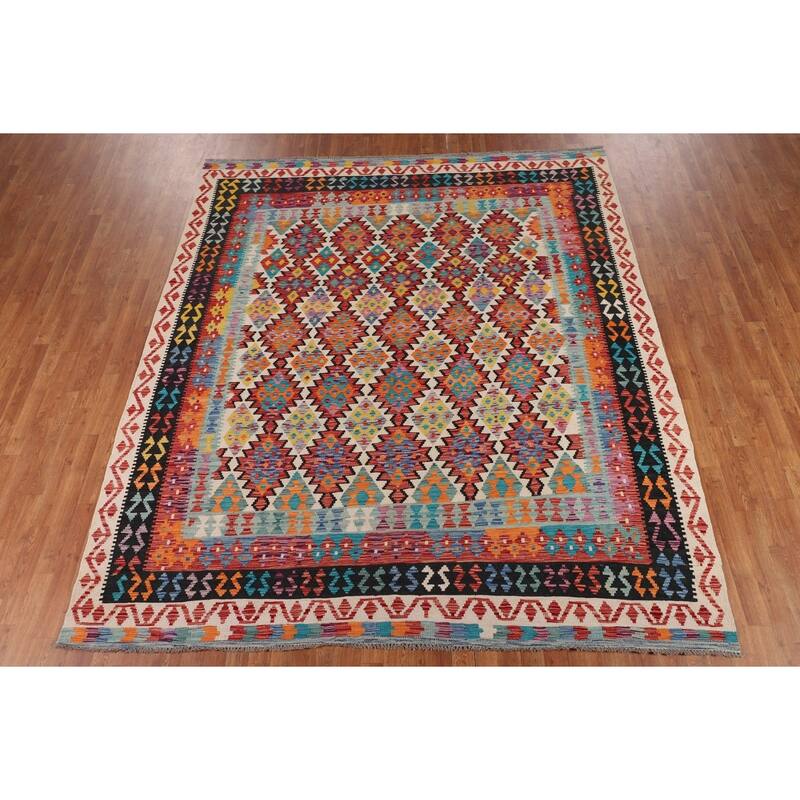 Southwestern Style Geometric Kilim Area Rug Hand-Woven Wool Carpet - 8'4" x 9'9"