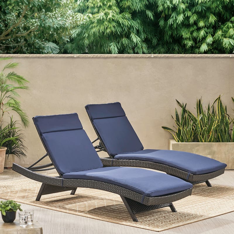 Salem Outdoor Wicker Lounge with Water Resistant Cushion (Set of 2) by Christopher Knight Home - Multibrown + Navy Blue