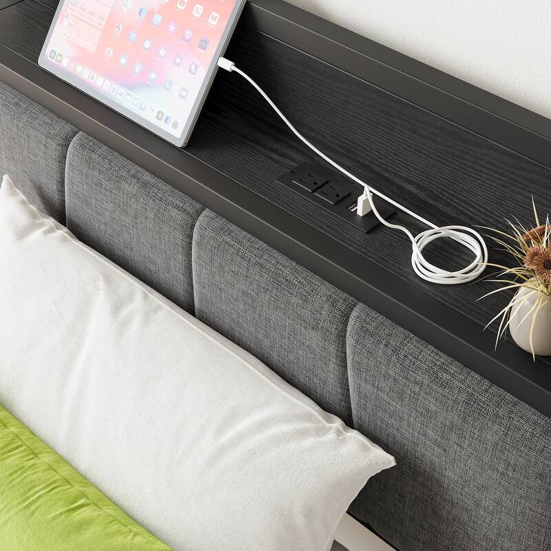 Grey Metal & Wood Twin Platform Bed Frame with Storage Headboard and Charging Station