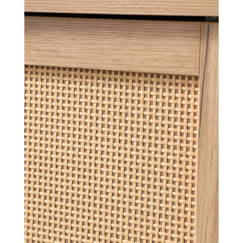 Mid-Century Modern Storage Cabinet with Woven Rattan Doors, Open Shelves & Adjustable Shelves - Perfect