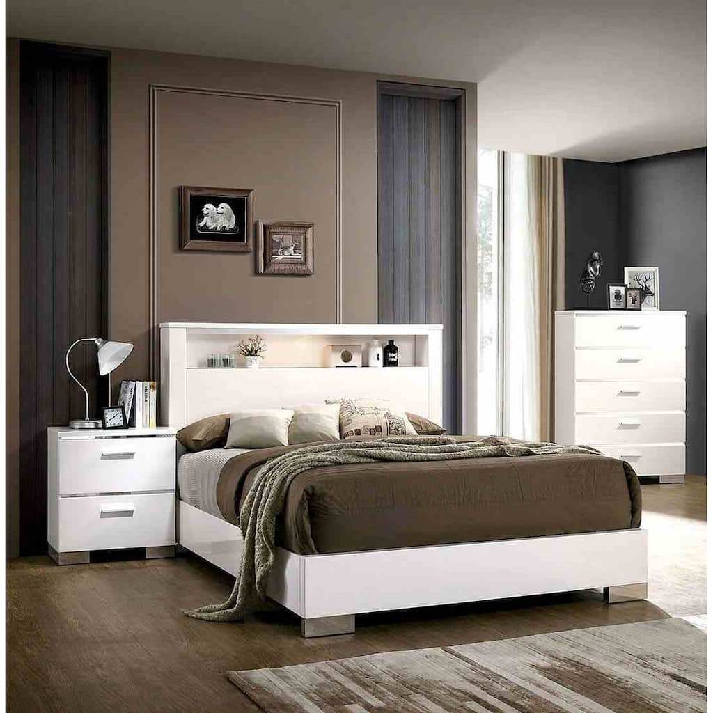 Modern High Gloss White 3pc Bed Chest Nightstand Bedroom Set