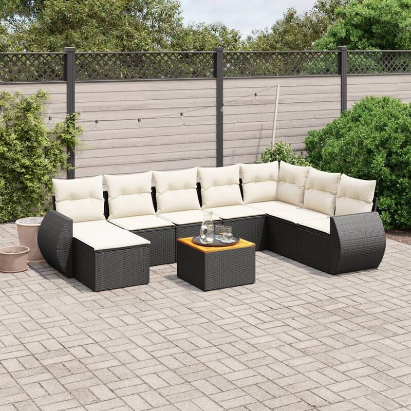 vidaXL Patio Sofa Set with Cushions Outdoor Furniture 9 Piece Poly Rattan - 24.4 x 24.4 x 27.2 - Black and Cream