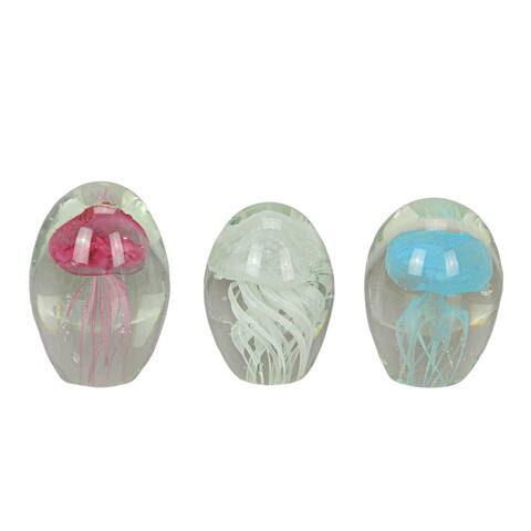 Blue Pink And White Glass Art Glow In The Dark Jellyfish Paperweights - 3 X 1.75 X 1.75 inches