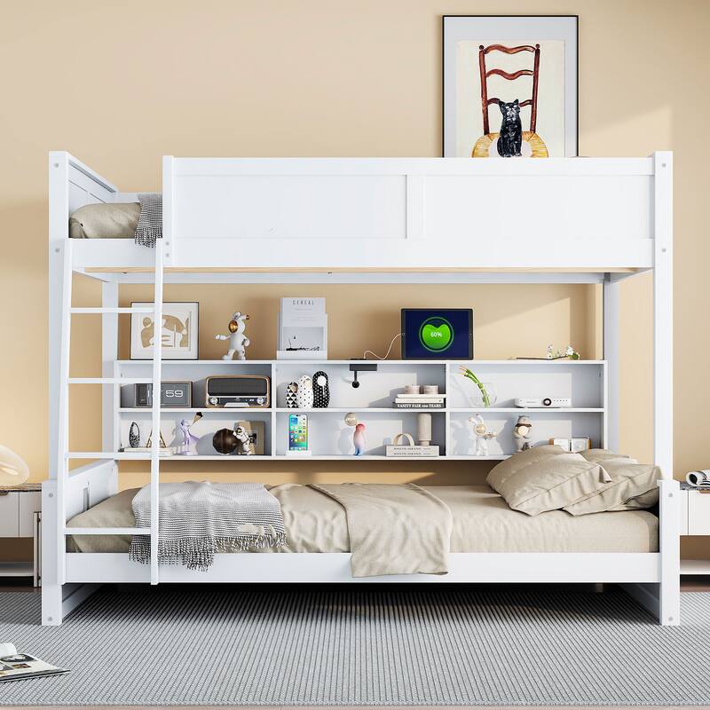 Full XL over Queen Bunk Bed with Storage Cabinets, USB Ports, Antique White Finish - Antique White