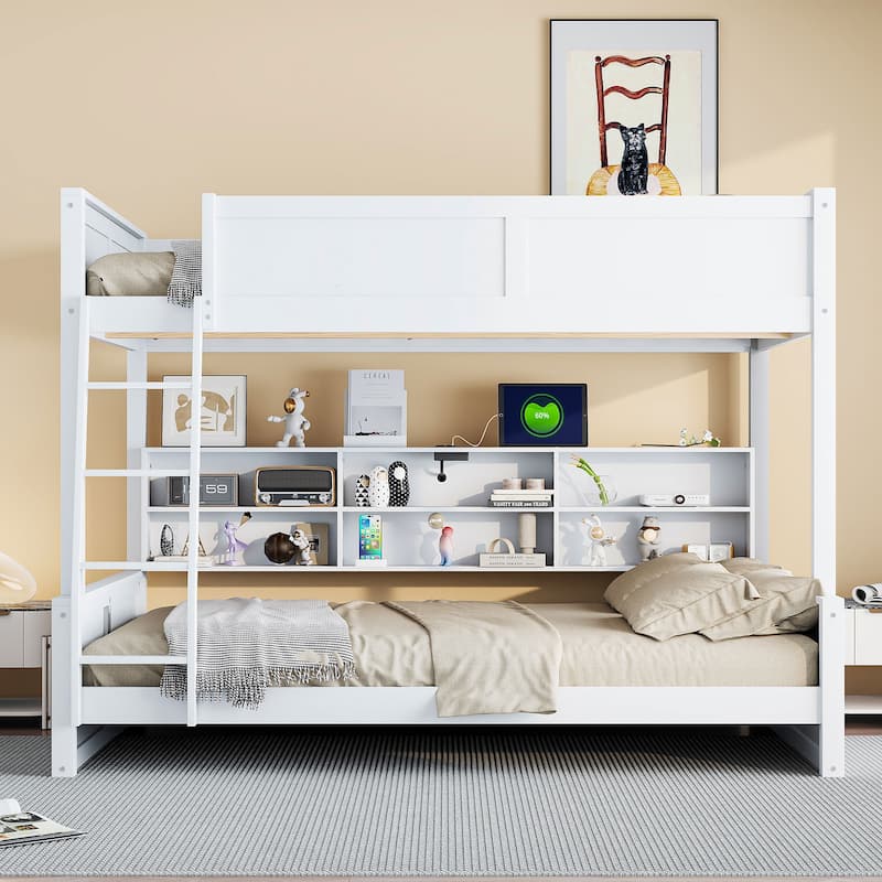 Full XL over Queen Bunk Bed with Storage Cabinets and USB Ports, Antique Wood Color - White