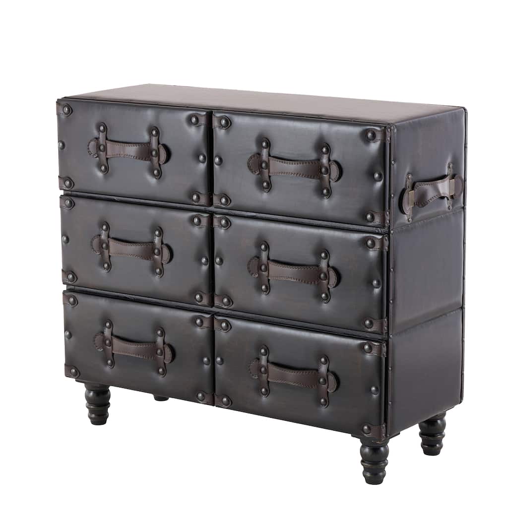 Wood Vintage Faux Leather Room Chest with Rivets and Straps Detailing - Black - Roche River Decor