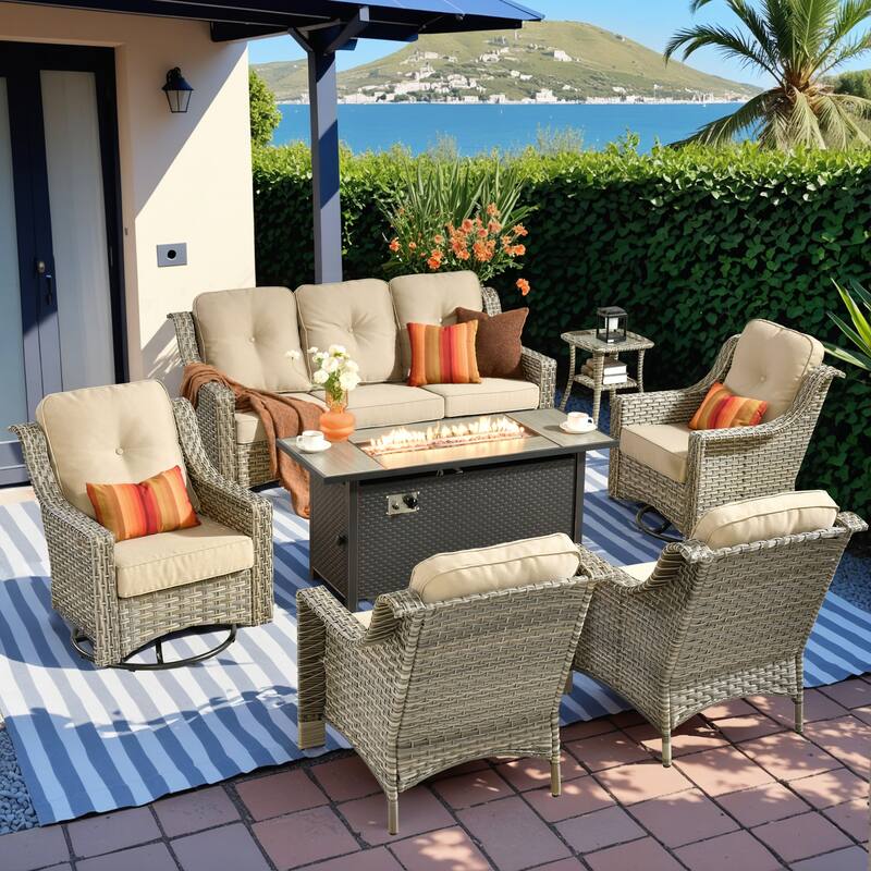 HOOOWOOO 7-piece Wicker Rattan Outdoor High Back Conversation Set with 54" Fire Pit - Beige