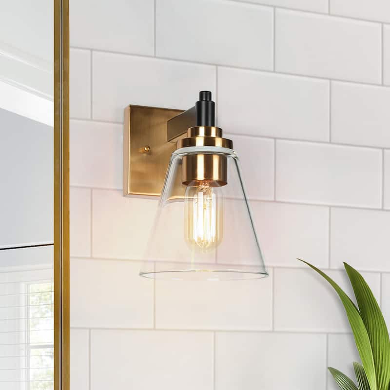Modern 1-Light Black Gold Glass Wall Sconce Dimmable Bathroom Vanity Lights - 6" L x 8" W x 8" H - Black and Gold