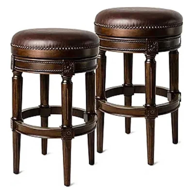 Maven Lane Pullman Backless Swivel Kitchen Stool - Set of 2 - Dark Walnut Vegan Leather - Bar Height