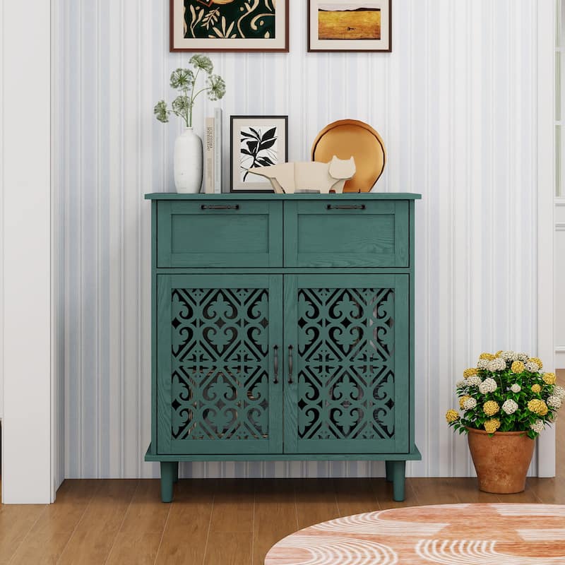 Roomfitters 2 Door 2 Drawer Storage Cabinet, Accent Sideboard Buffet Cabinet with Carved Doors, Dark Green