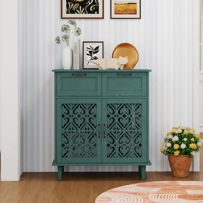 Roomfitters 2 Door 2 Drawer Storage Cabinet, Accent Sideboard Buffet Cabinet with Carved Doors, Dark Green