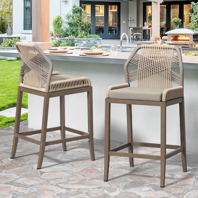 2 Set Modern Aluminum Twill Woven Outdoor Bar Stool Chair Set, Counter Height Stool with Back and Cushion - 40.6"H